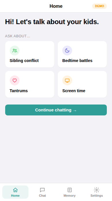 Home screen of the Parents with Love app