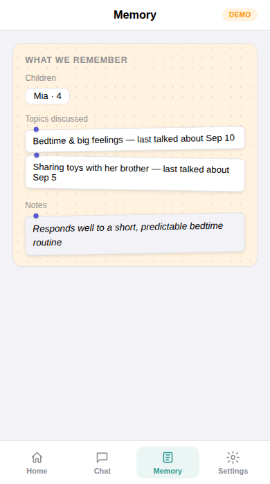Memory screen of the Parents with Love app